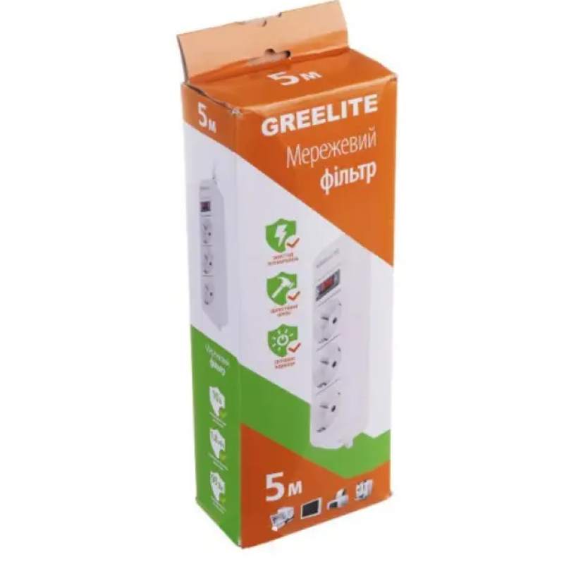 Удлинитель / Cетевой фильтр Greelite на 3 розетки / 5 метров кабель/ Белый