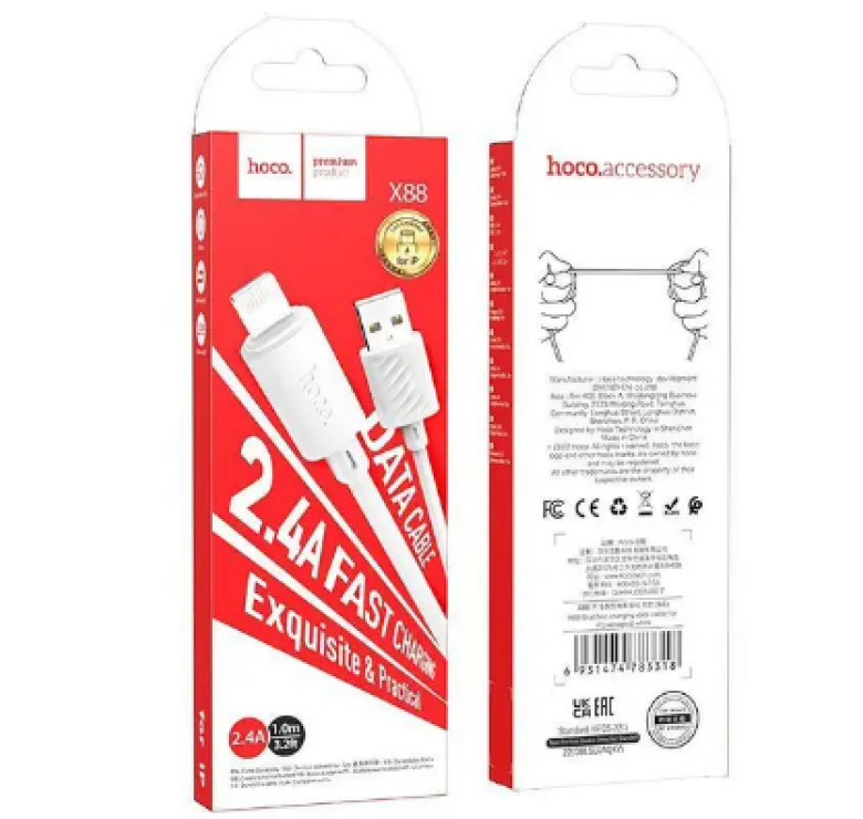 Кабель Hoco X88 / Lightning - USB для Iphone / Швидка зарядка до 2.4 ампера / 1 метр / Білий