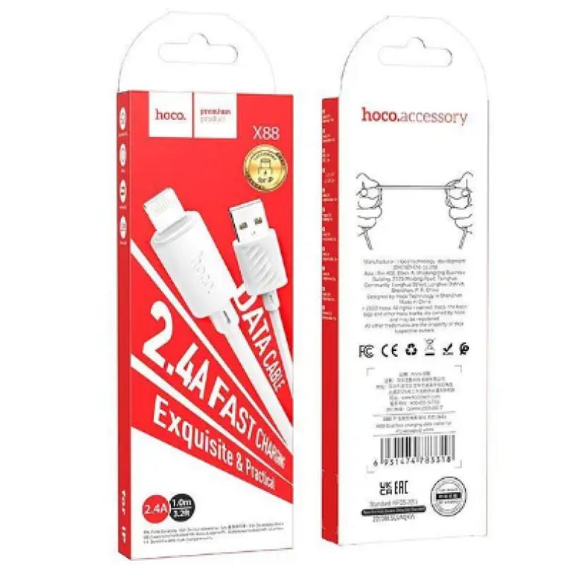 Кабель Hoco X88 / Lightning - USB для Iphone / Быстрая зарядка до 2.4 ампера / 1 метр / Белый
