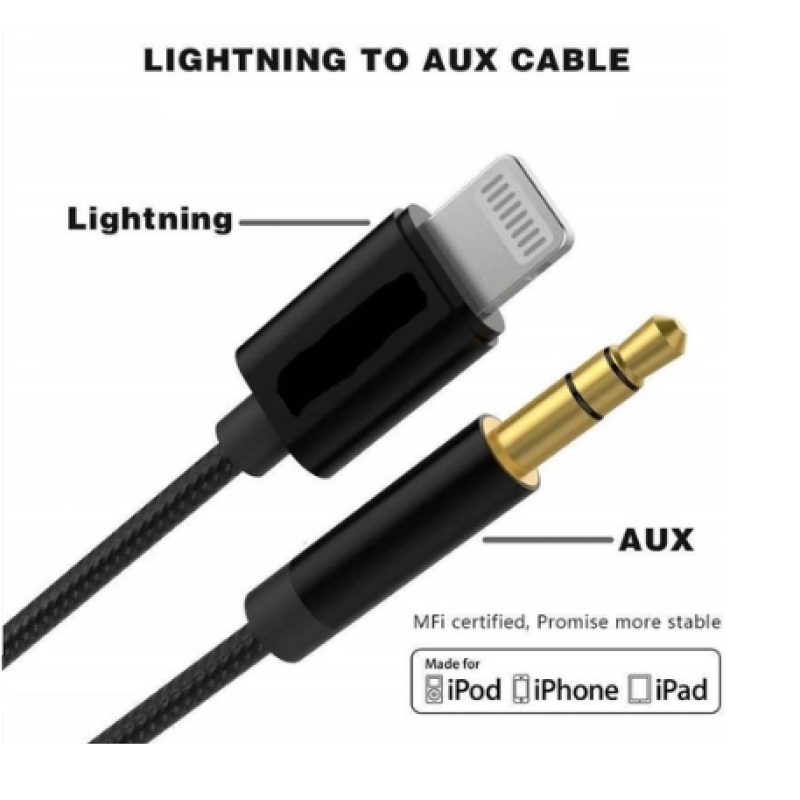 Перехідник кабель з Lightning на AUX аудіо 3.5 mm. / Нейлон / 1 метр / Чорний
