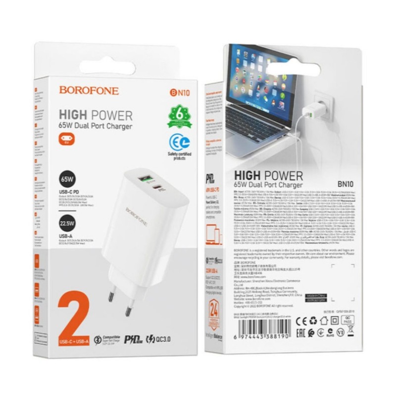 Зарядний блок живлення Borofone BN10 65W / 1USB+1Type-с 3.0 / Білий