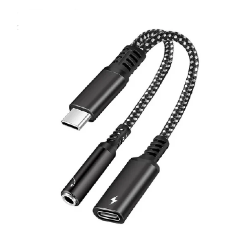 Переходник 2в1 Type-C на AUX 3.5 мм + Зарядка с ЦАП (DAC) для Samsung / Pixel Черный