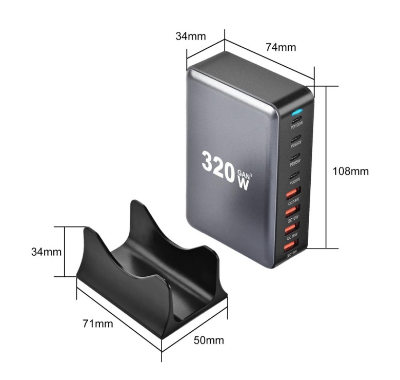 Настільний зарядний пристрій GaN 8в1 320W GaN\Чорне 8в1 320W GaN\Чорне