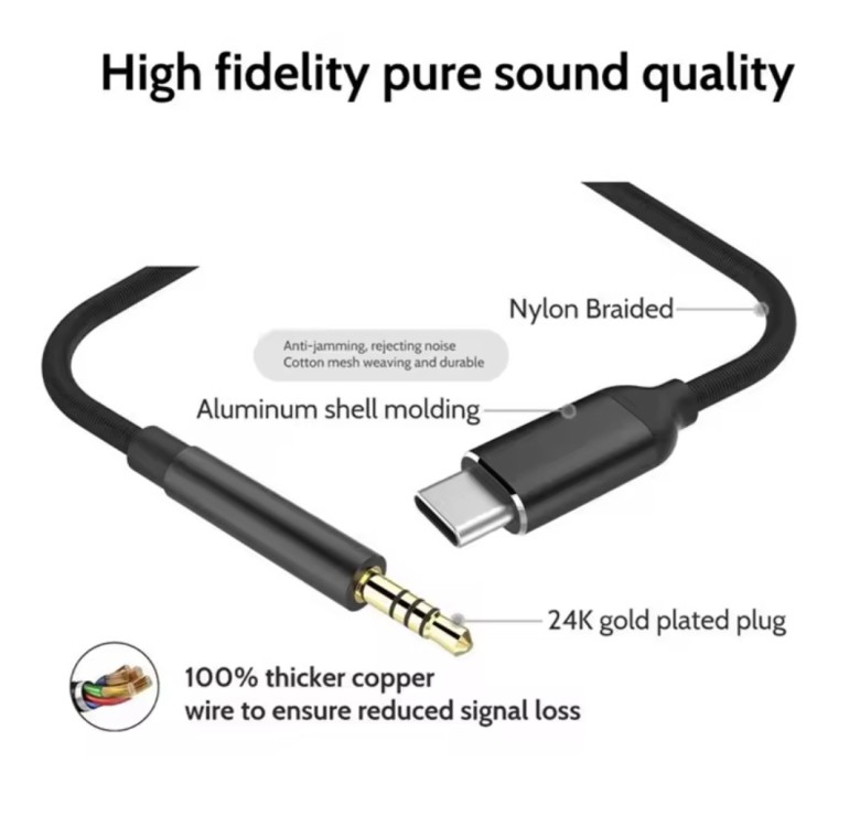 Перехідник кабель з Type - c на AUX аудіо 3.5 mm / Нейлон / 1 метр / Чорний