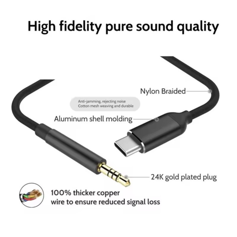 Кабель-переходник Type-C на AUX 3.5 мм (1 метр, Нейлон) Черный