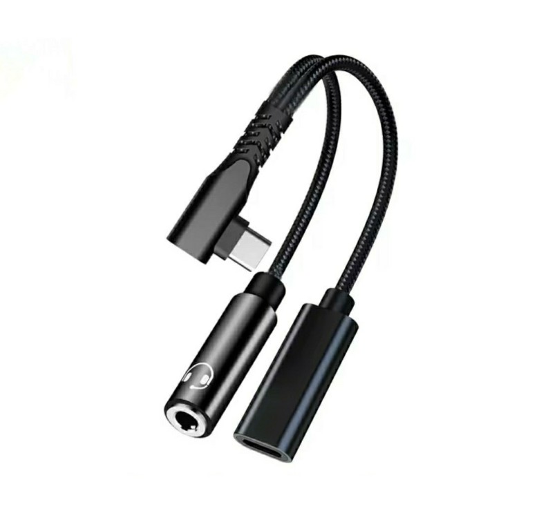 Переходник кутовой 2в1 Type-C - AUX 3.5 mm + Type-C для смартфонов Samsung \ Быстрая зарядка \ Черный
