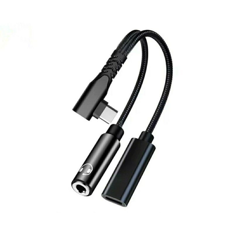 Переходник кутовой 2в1 Type-C - AUX 3.5 mm + Type-C для смартфонов Samsung \ Быстрая зарядка \ Черный