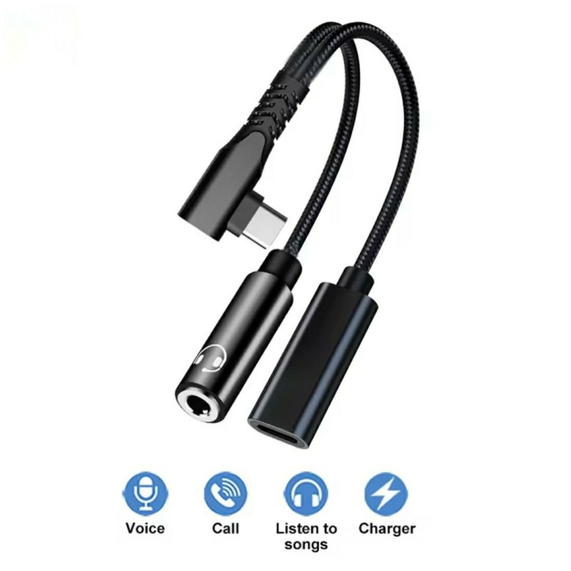 Переходник кутовой 2в1 Type-C - AUX 3.5 mm + Type-C для смартфонов Samsung \ Быстрая зарядка \ Черный