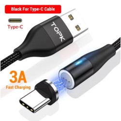 Магнітний круглий кабель USB Type C TOPK для швидкої зарядки Чорний