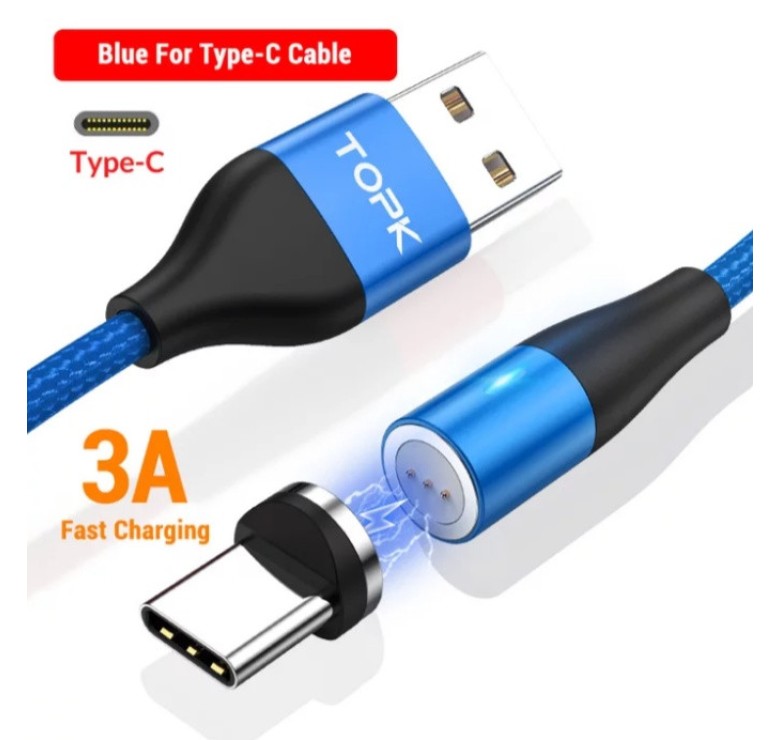 Магнітний круглий кабель USB Type-C TOPK для швидкої зарядки Синій