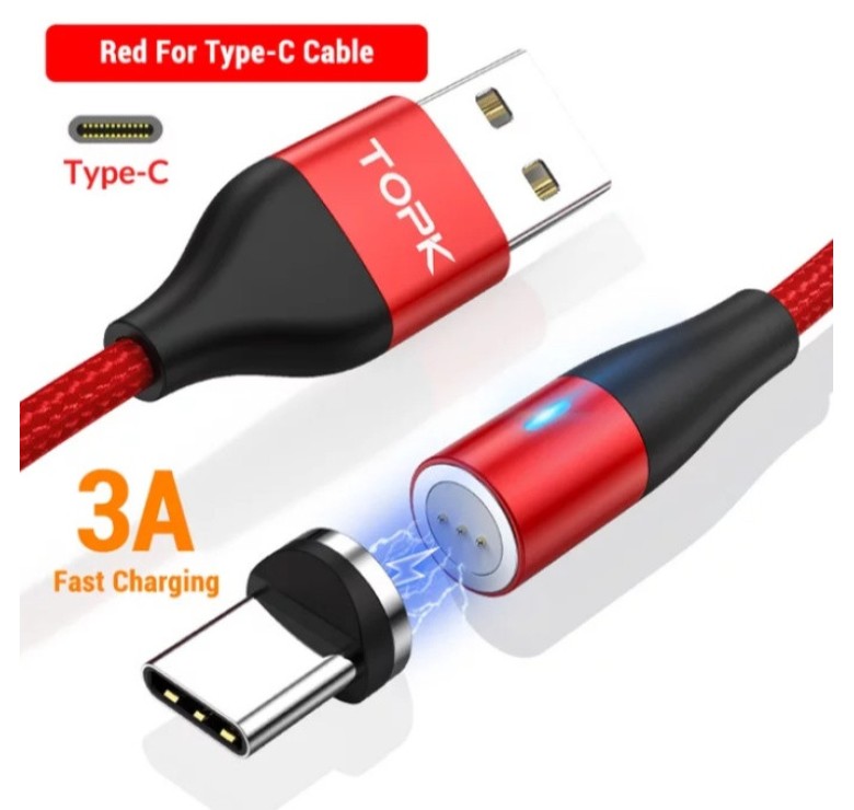 Магнітний круглий кабель USB Type-C TOPK для швидкої зарядки Червоний