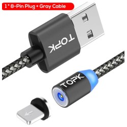 Магнітний USB кабель TOPK (Lightning) для iPhone Сірий 2 метри
