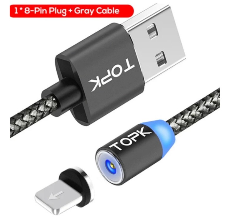 Магнітний USB кабель TOPK (Lightning) для Iphone Сірий 2 метра
