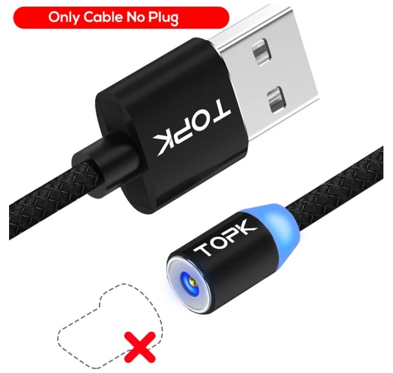 Магнітний USB кабель TOPK без конектора Чорний 2 метра