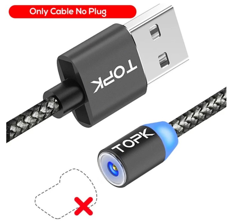 Магнітний USB кабель TOPK без конектора Сірий 2 метра