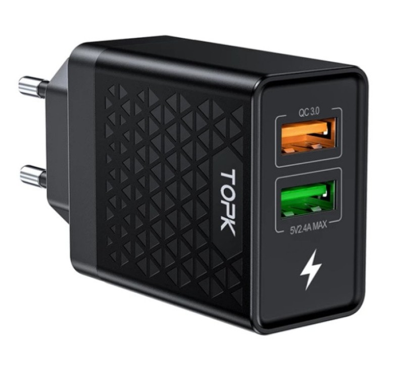 Оригінальний зарядний блок живлення TOPK на 2 USB швидка зарядка Quick Charge 3.0 Чорний