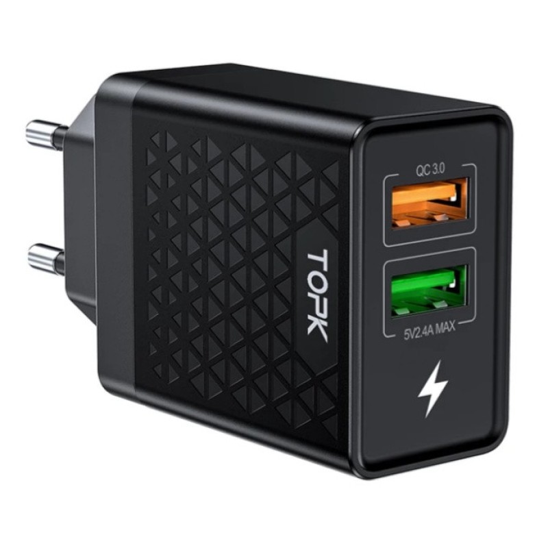 Оригінальний зарядний блок живлення TOPK на 2 USB швидка зарядка Quick Charge 3.0 Чорний