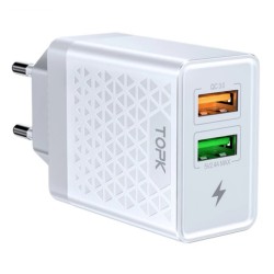 Оригінальний зарядний блок живлення TOPK на 2 USB швидка зарядка Quick Charge 3.0 Білий