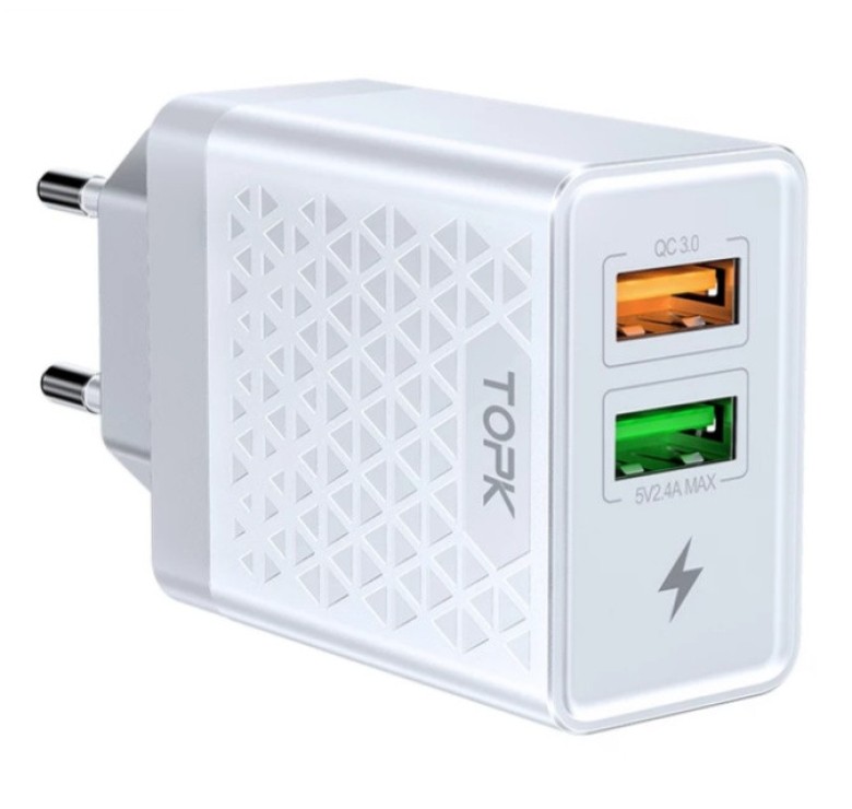 Оригінальний зарядний блок живлення TOPK на 2 USB швидка зарядка Quick Charge 3.0 Білий