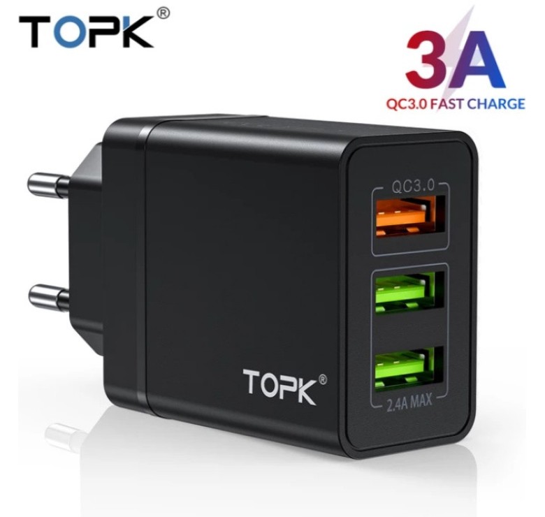 Оригінальний зарядний блок живлення TOPK на 3 USB швидка зарядка Quick Charge 3.0 Чорний