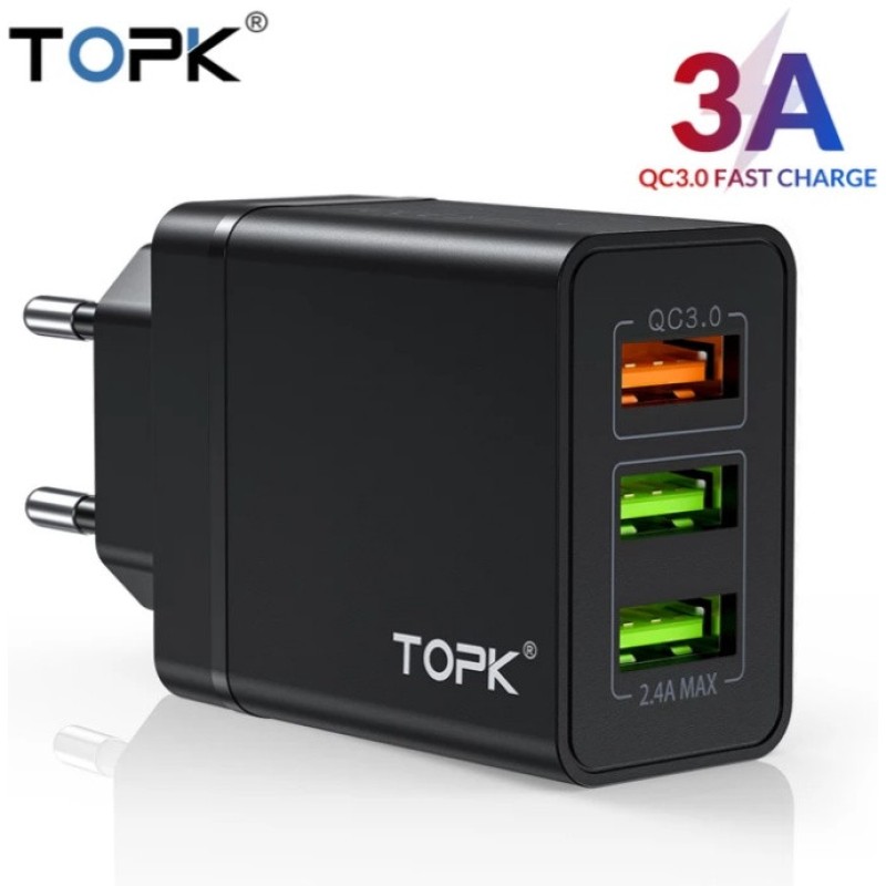 Оригінальний зарядний блок живлення TOPK на 3 USB швидка зарядка Quick Charge 3.0 Чорний