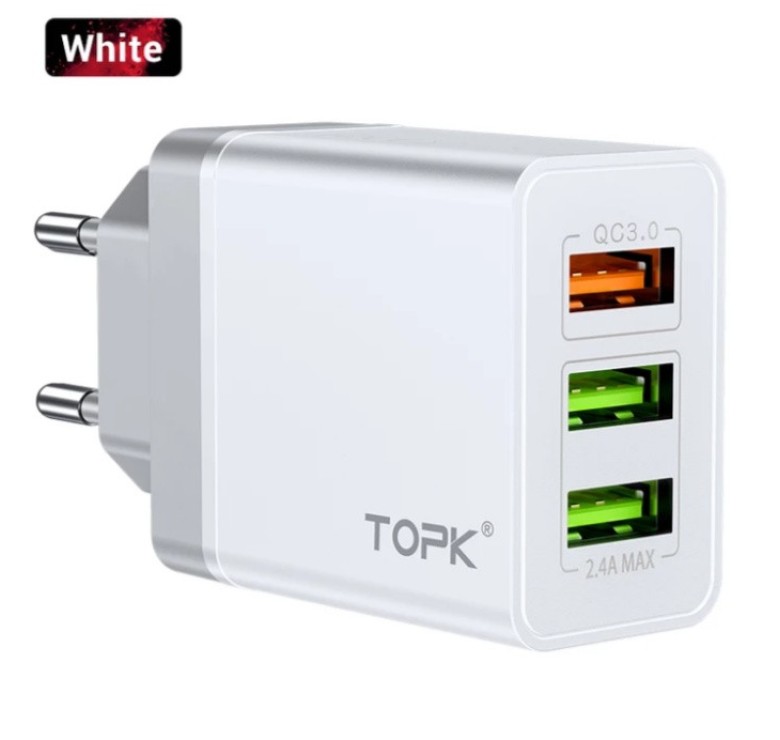 Оригінальний зарядний блок живлення TOPK на 3 USB швидка зарядка Quick Charge 3.0 Білий