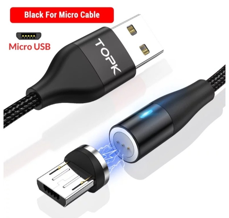 Магнітний круглий кабель Micro USB TOPK для швидкої зарядки Чорний