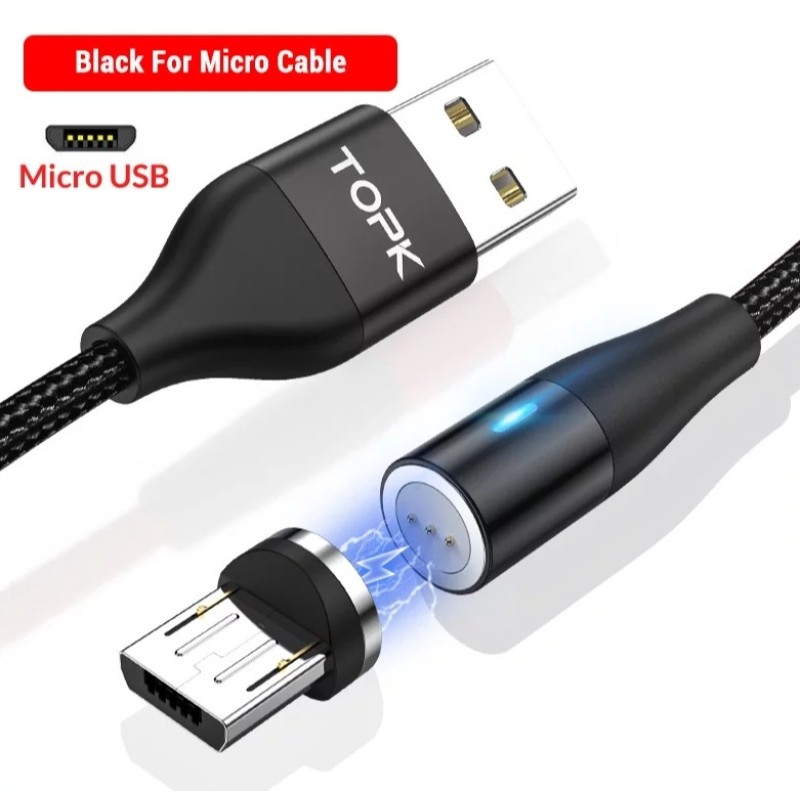 Магнітний круглий кабель Micro USB TOPK для швидкої зарядки Чорний