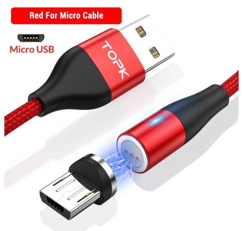 Магнітний круглий кабель Micro USB TOPK для швидкої зарядки Червоний