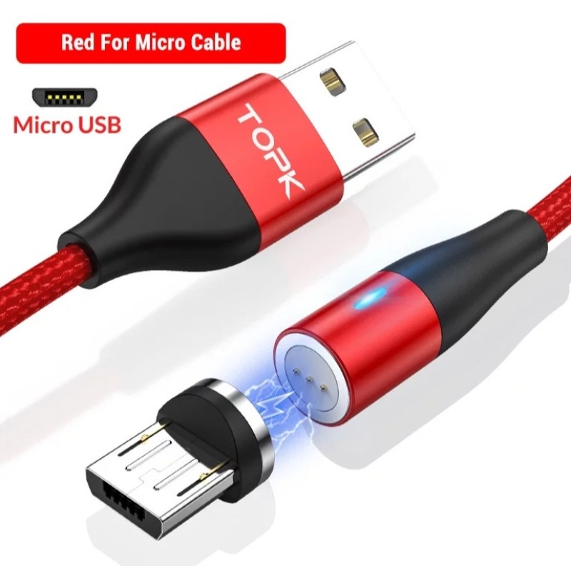 Магнітний круглий кабель Micro USB TOPK для швидкої зарядки Червоний