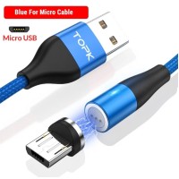 Магнітний круглий кабель Micro USB TOPK для швидкої зарядки Синій
