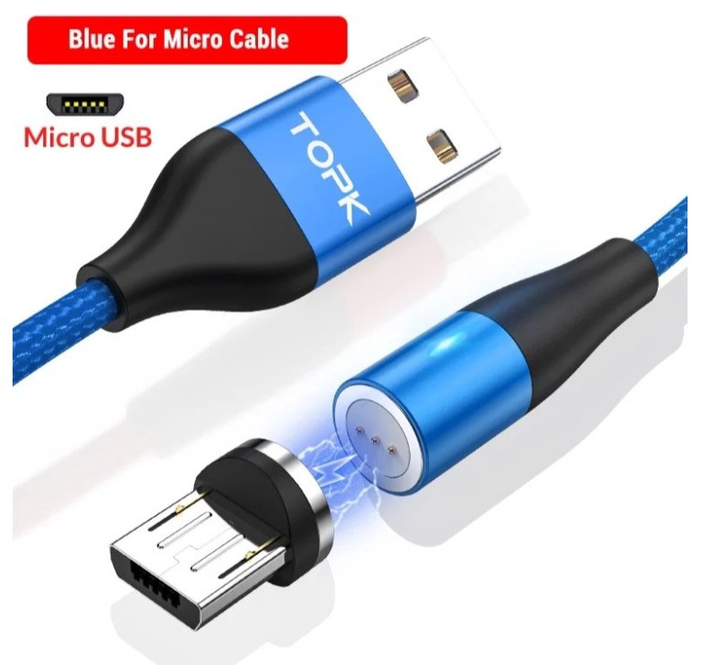 Магнітний круглий кабель Micro USB TOPK для швидкої зарядки Синій