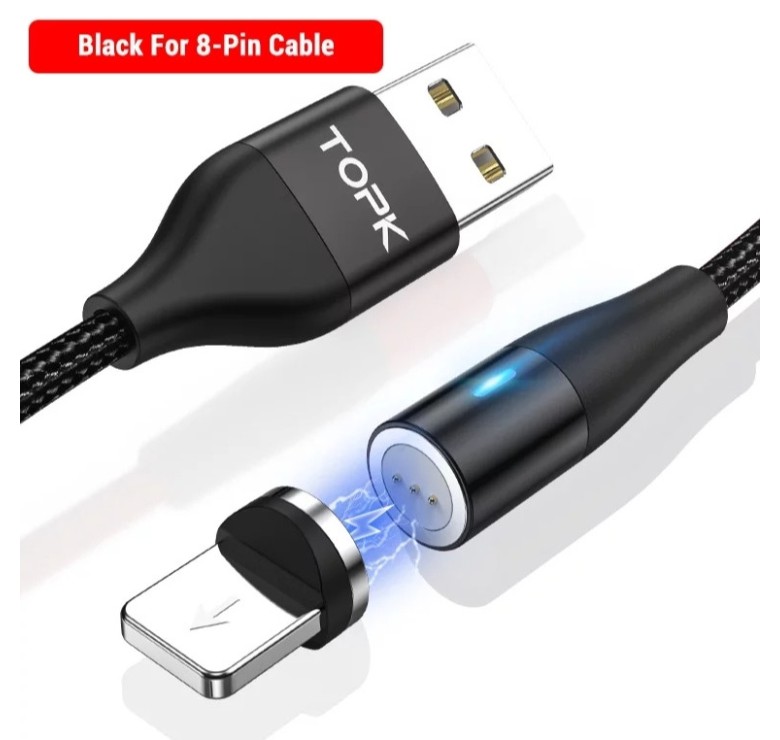 Магнітний круглий USB кабель (Lightning) 8-pin для швидкої зарядки Iphone Чорний
