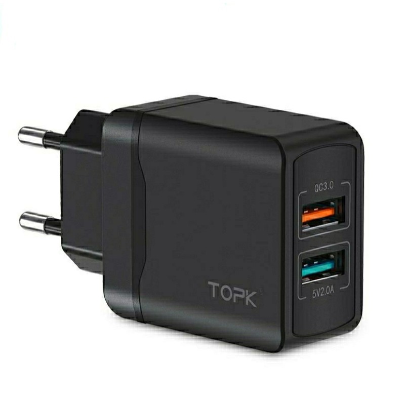 Оригінальний зарядний блок живлення TOPK на 2 USB швидка зарядка Quick Charge 3.0 Чорний Стиль 2