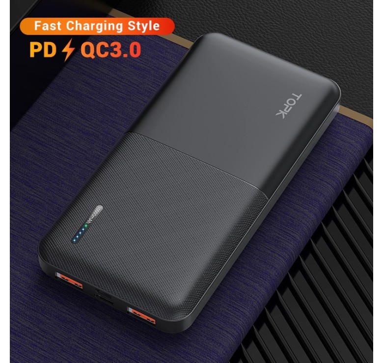 Зарядний пристрій Power Bank TOPK Швидка зарядка QC 3.0 10000 mAh Чорний