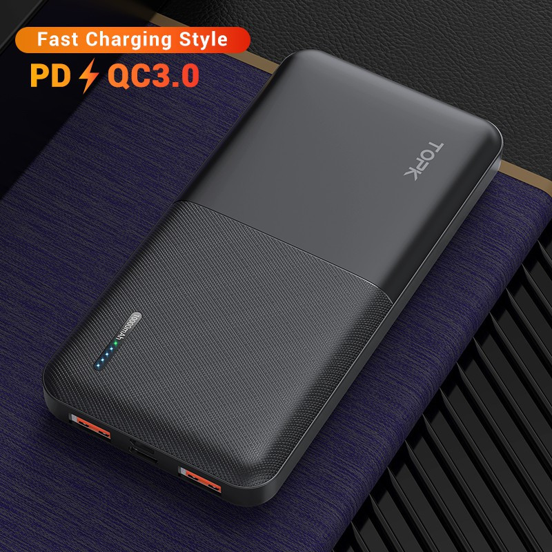 Зарядний пристрій Power Bank TOPK Швидка зарядка QC 3.0 10000 mAh Чорний