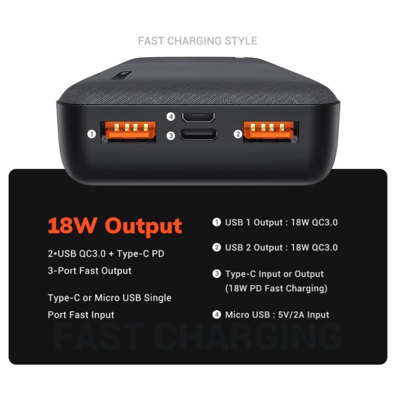 Зарядний пристрій Power Bank TOPK Швидка зарядка QC 3.0 20000 mAh Чорний