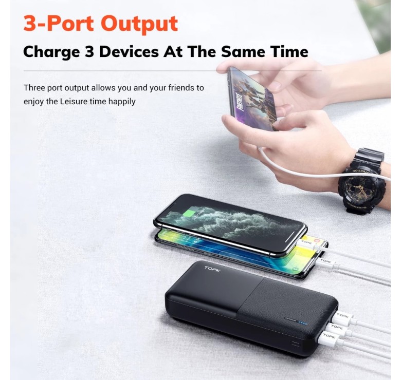 Зарядний пристрій Power Bank TOPK Швидка зарядка QC 3.0 20000 mAh Чорний