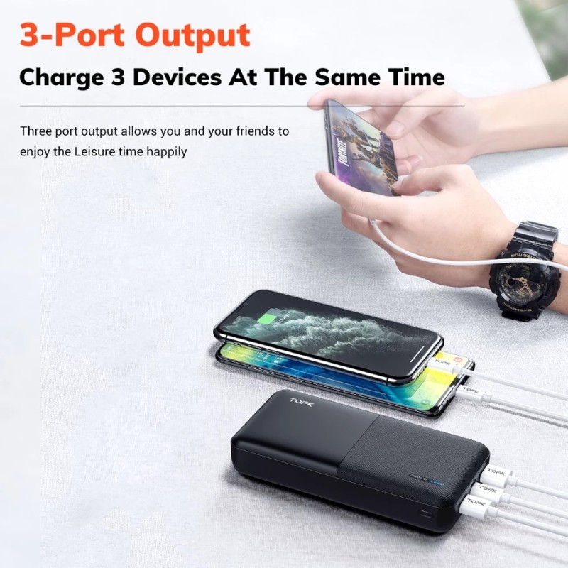 Зарядний пристрій Power Bank TOPK Швидка зарядка QC 3.0 20000 mAh Чорний