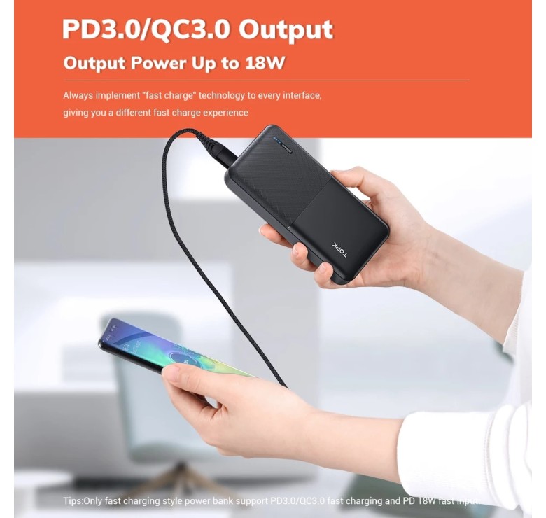 Зарядний пристрій Power Bank TOPK Швидка зарядка QC 3.0 20000 mAh Чорний
