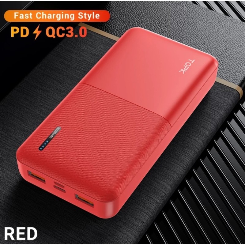 Зарядний пристрій Power Bank TOPK Швидка зарядка QC 3.0 20000 mAh Червоний