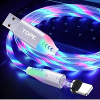 Магнітний кабель USB Type-C TOPK Cвітиться (мультиколір) для швидкої зарядки 3.0 Білий
