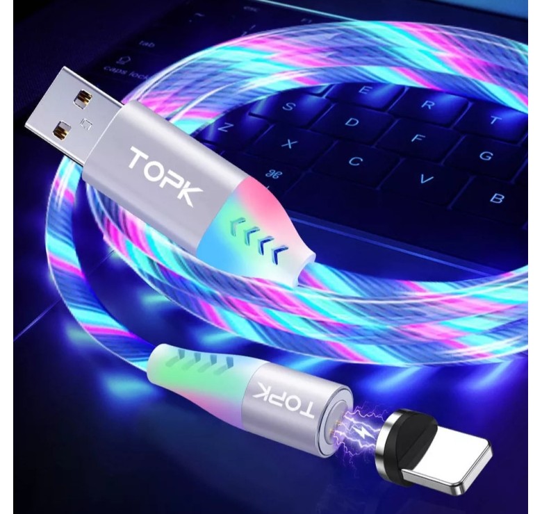 Магнітний USB кабель для Iphone (8-Pin) TOPK Cвітиться (мультиколір) швидка зарядкa 3A Білий