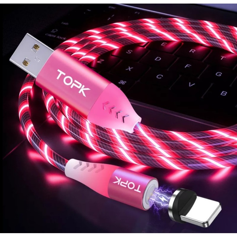 Магнітний кабель Micro USB TOPK Світитись (червоним) для швидкої зарядки 3.0 Рожевий