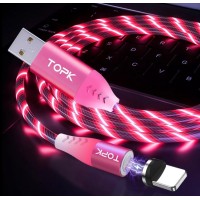 Магнітний USB кабель для Iphone (8-Pin) TOPK Cвітиться (червоним) швидка зарядкa 3A Розовий