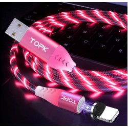 Магнітний USB кабель для Iphone (8-Pin) TOPK Світитись (червоним) швидка зарядка 3A Рожевий