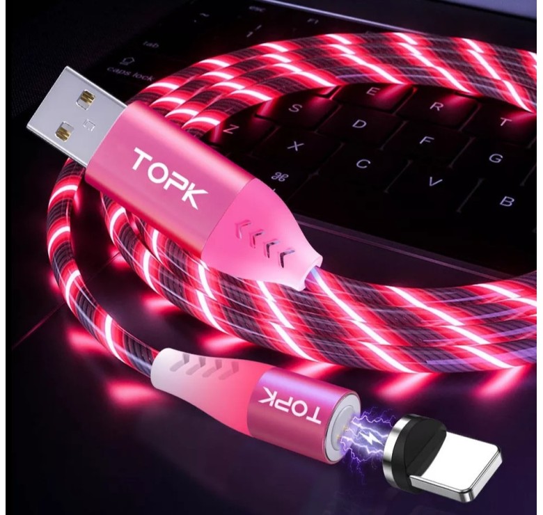 Магнітний USB кабель для Iphone (8-Pin) TOPK Cвітиться (червоним) швидка зарядкa 3A Розовий