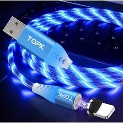 Магнітний кабель USB Type-C TOPK Cвітиться (синім) для швидкої зарядки 3.0 Голубий