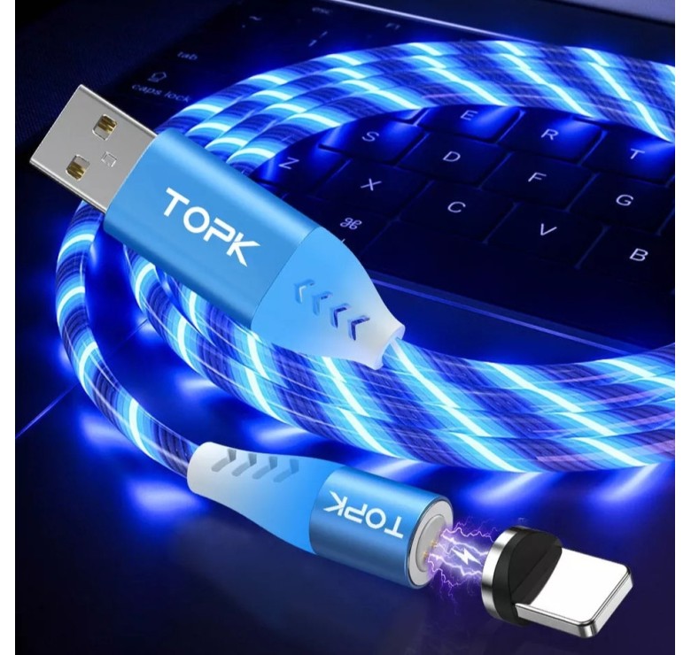 Магнітний кабель USB Type-C TOPK Cвітиться (синім) для швидкої зарядки 3.0 Голубий