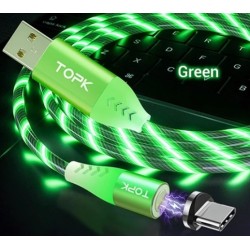 Магнітний кабель USB Type-C TOPK Cвітиться (Зеленим) для швидкої зарядки 3.0 Зелений
